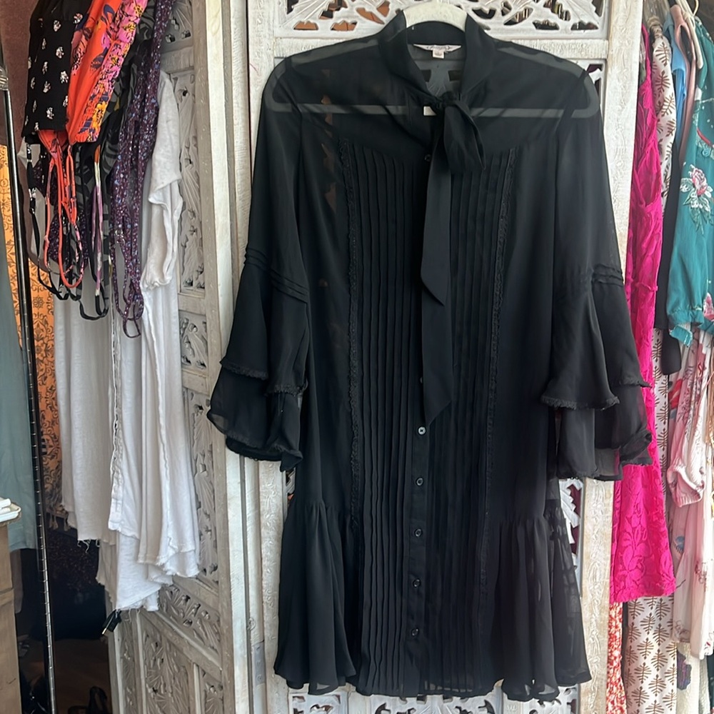 Nanette Lepore Vintage Y2K Black Fluted Bell Ruffle Sleeve Mini Dress